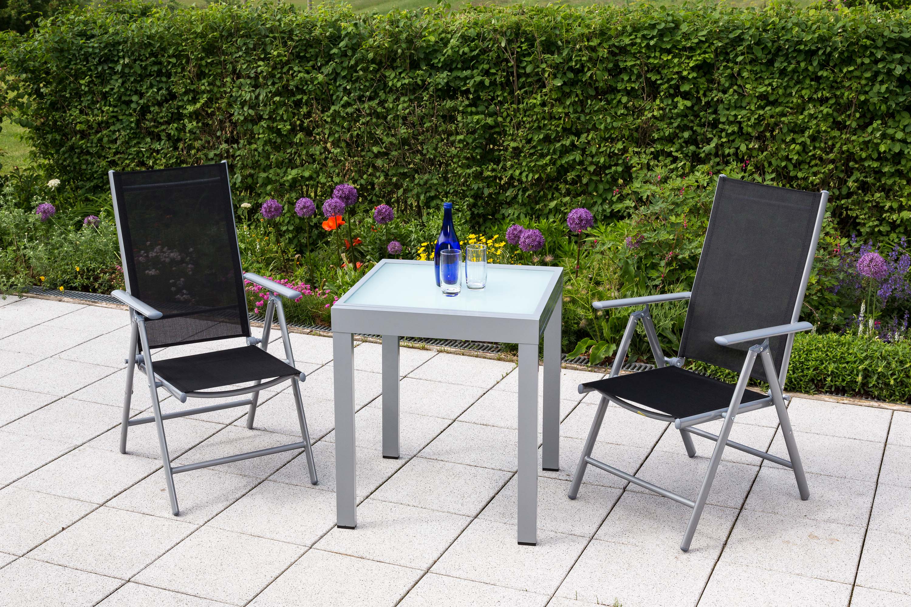 Amalfi Set 3tlg., 2 Klappsessel, Balkonausziehtisch 65 (130) x 65 cm matte Glasplatte, schwarz