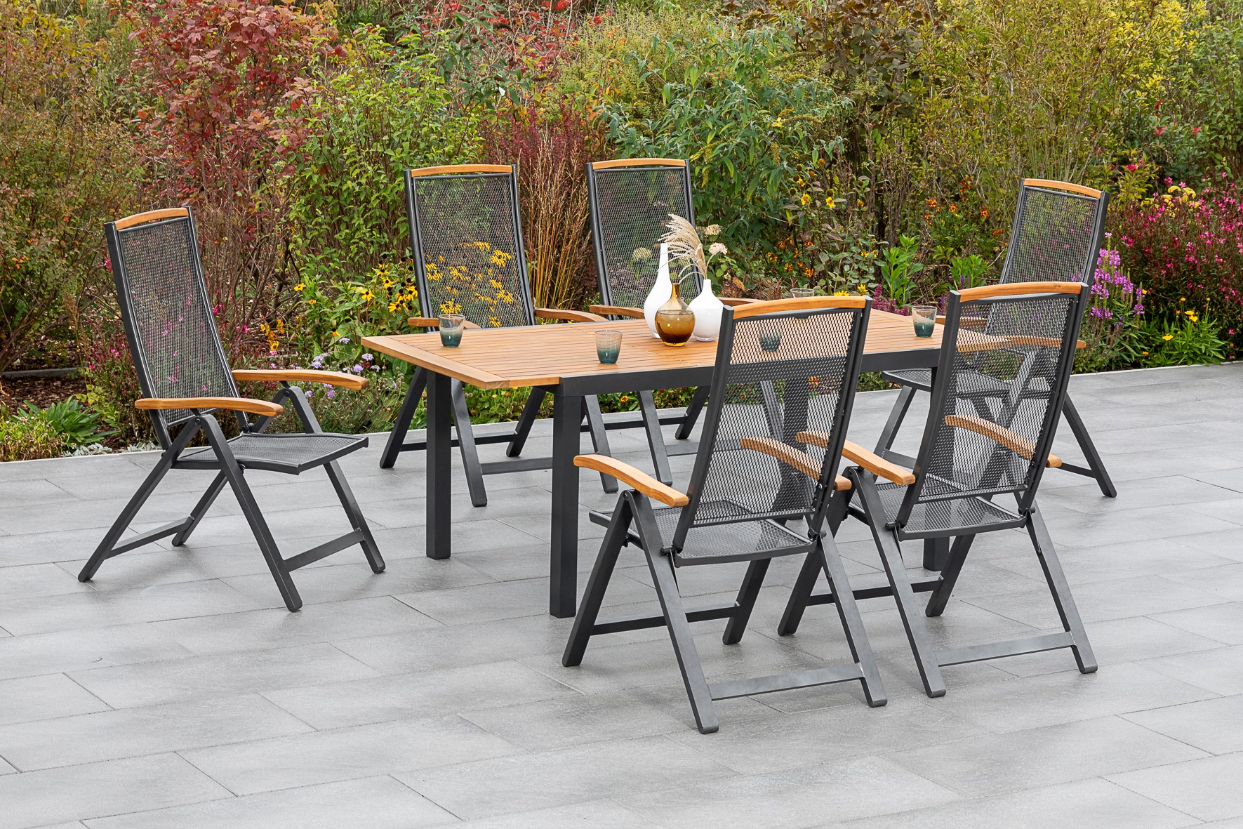 Tilos Set 7tlg., 6 Klappsessel & Ausziehtisch 150 (200) x 90 cm