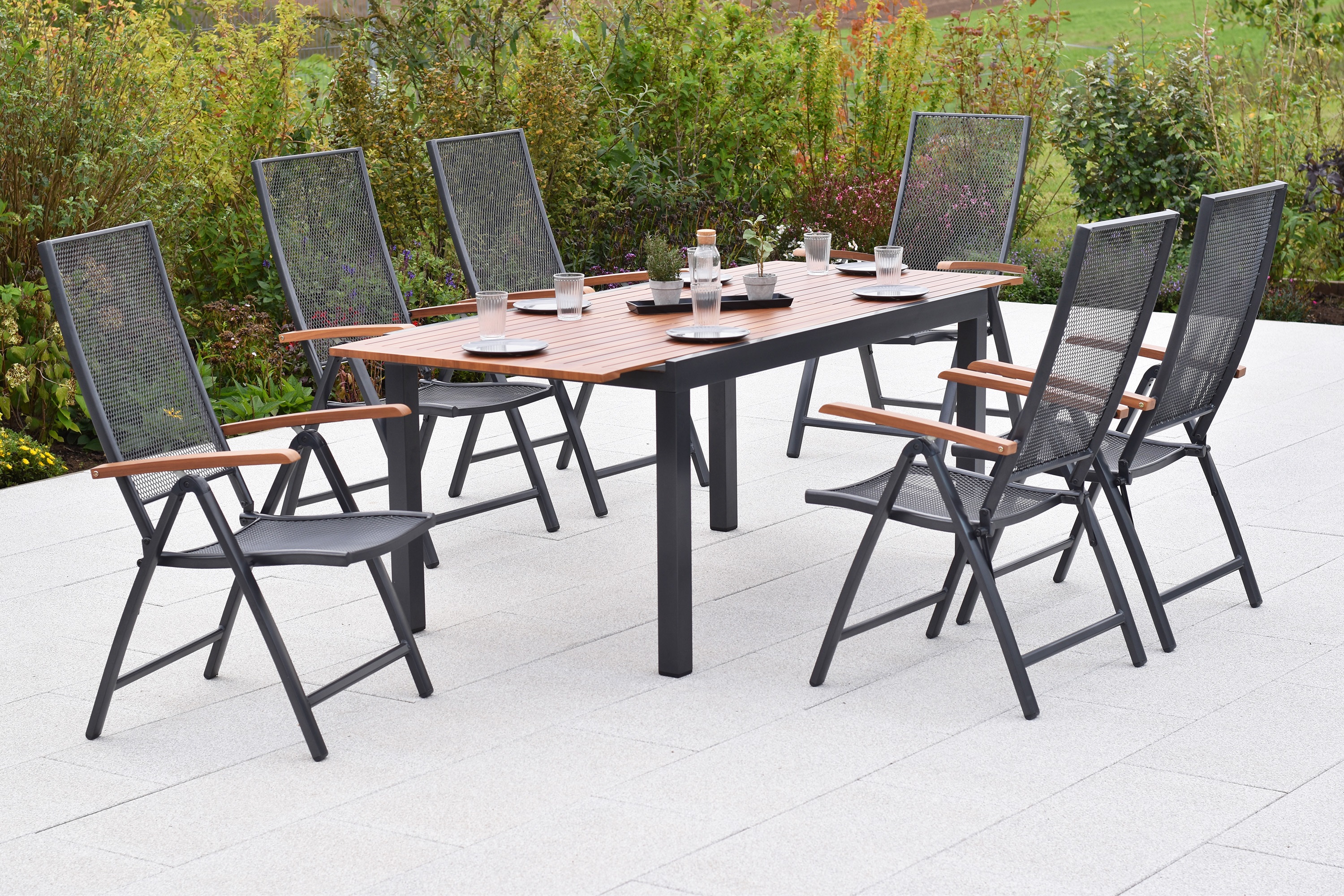 Thasos Gartenmöbel Set 7tlg., 6 Klappsessel, Ausziehtisch 150 (200 ) x 90 cm, Aluminium