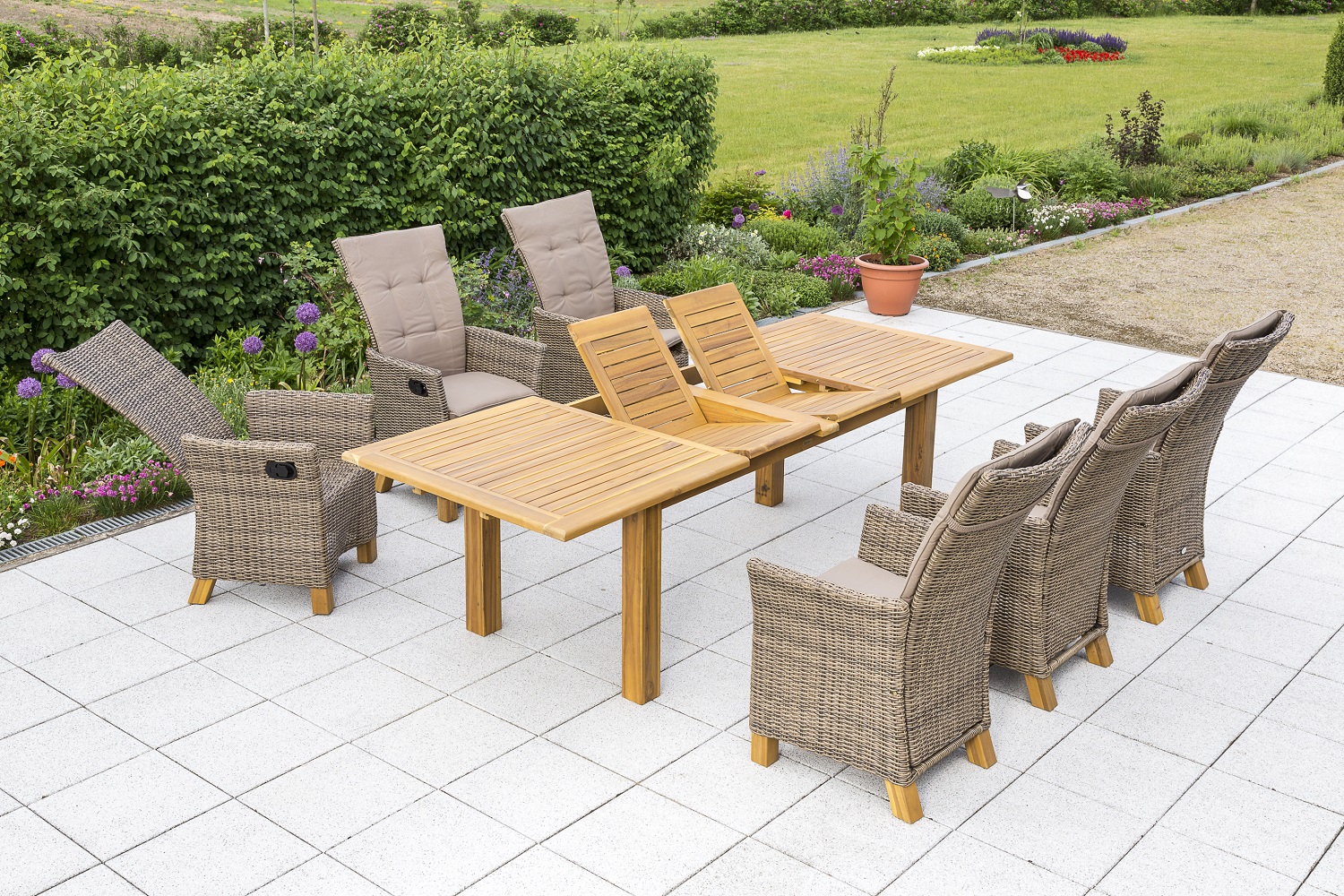 Toskana Gartenmöbel Set 7tlg., Gasdruck, Doppelausziehtisch, natur