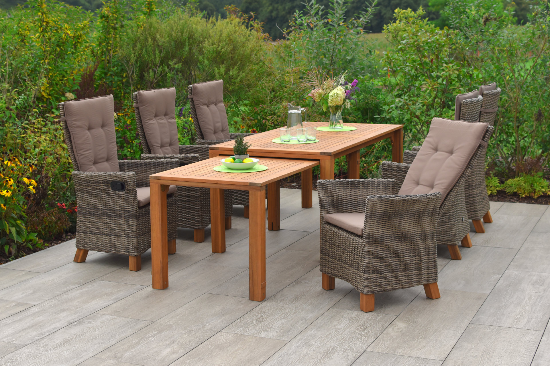 Toskana Gartenmöbel Set 7tlg. Hochlehner, Flex Ausziehtisch, natur