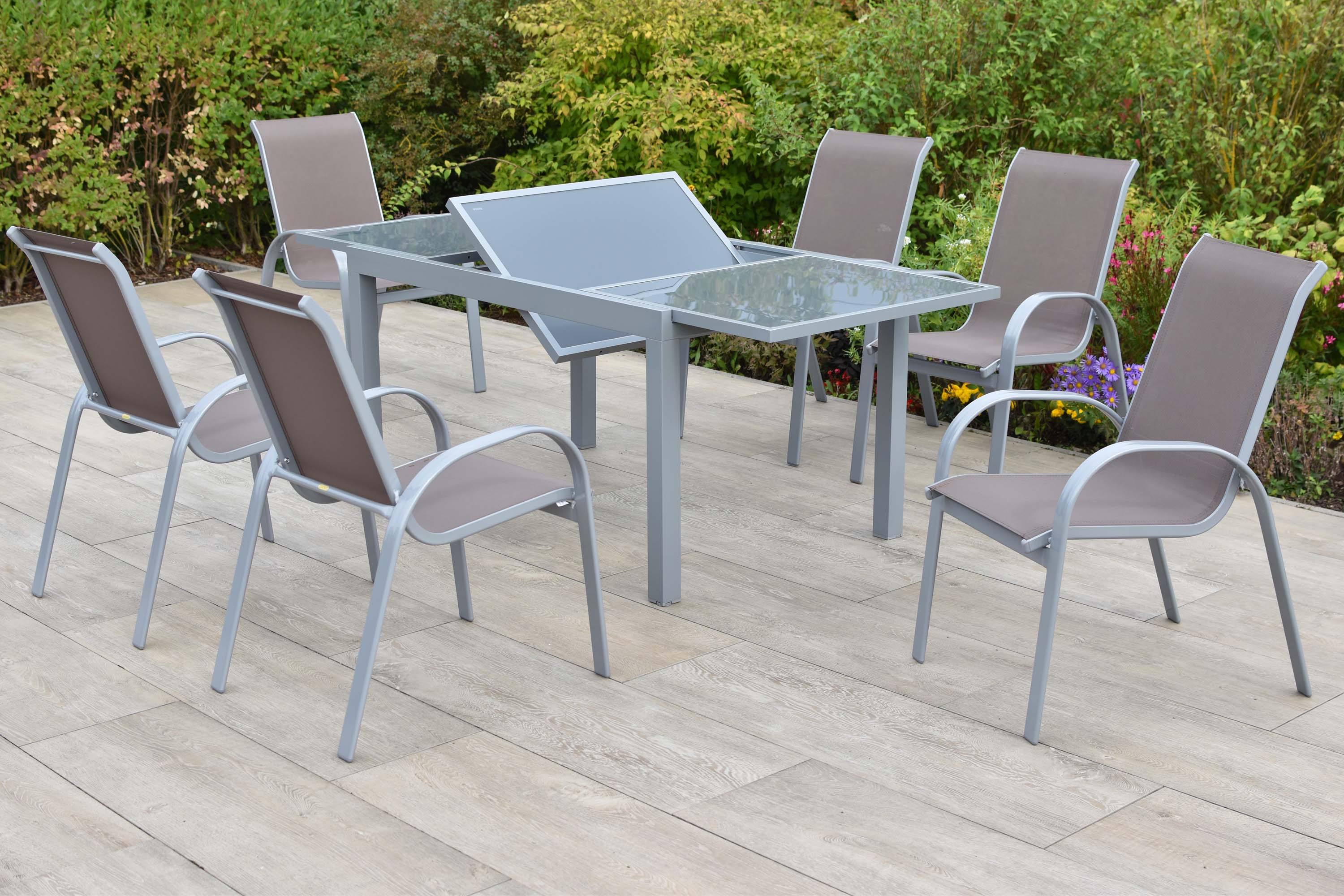 Amalfi Gartenmöbel Set 7tlg., 6 Stapelsessel, Ausziehtisch 160 (220) x 90 cm, Aluminium/Textil