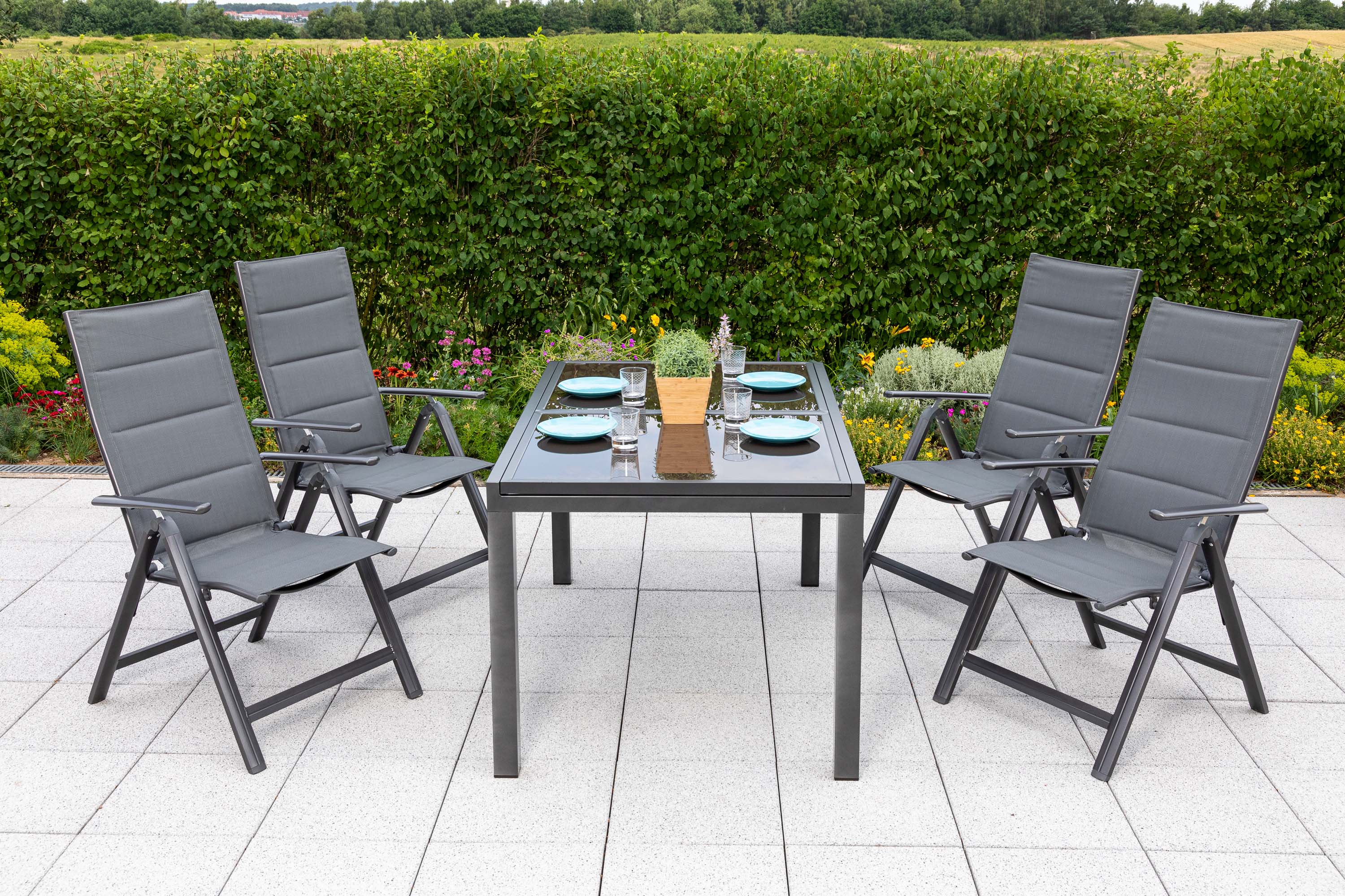 Taviano Gartenmöbel Set 5tlg., 4 Klappsessel, Ausziehtisch 140 (200) x 90 cm