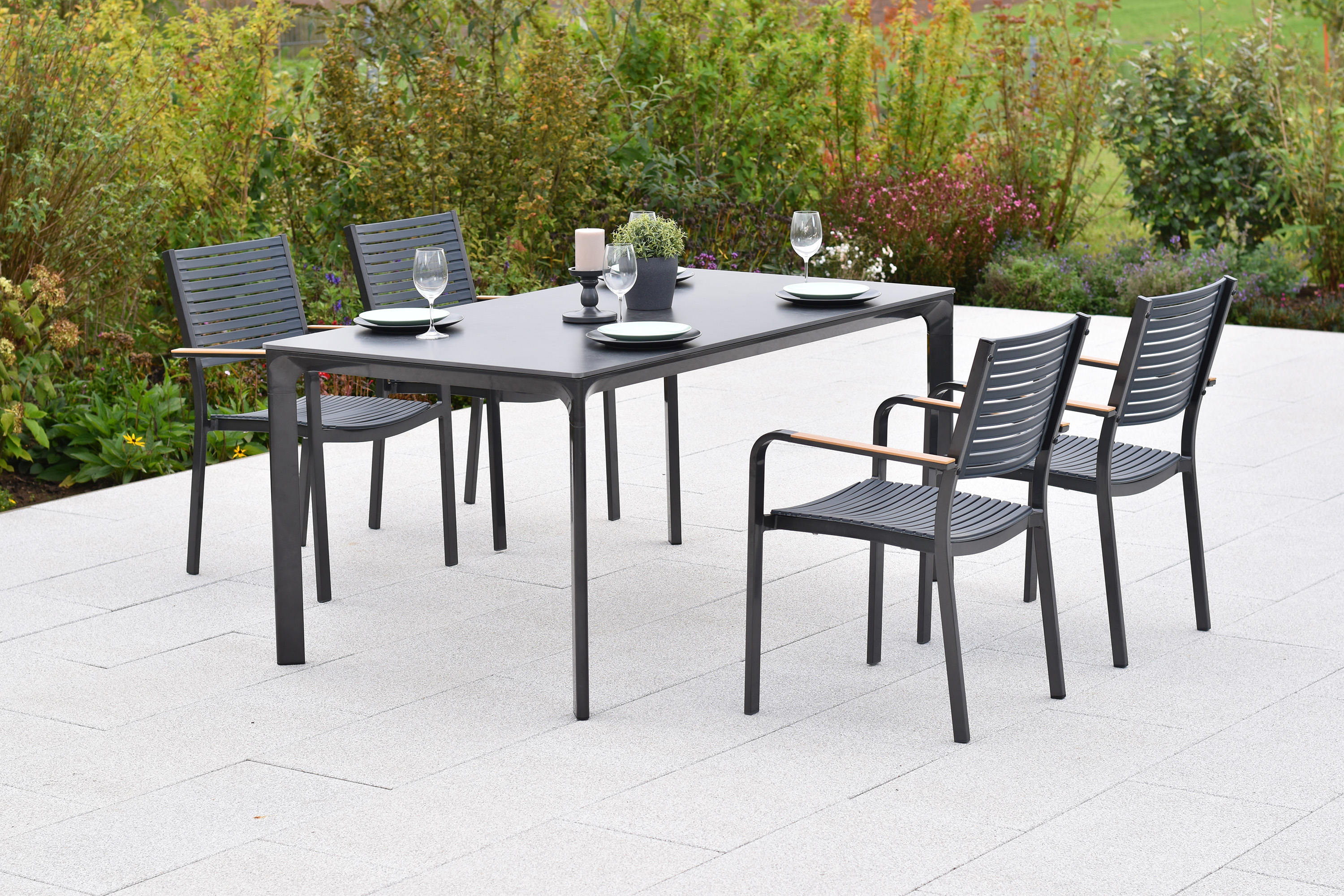Paliano Gartenmöbel Set 5tlg., 4 Stapelsessel, Tisch 160 x 90 cm