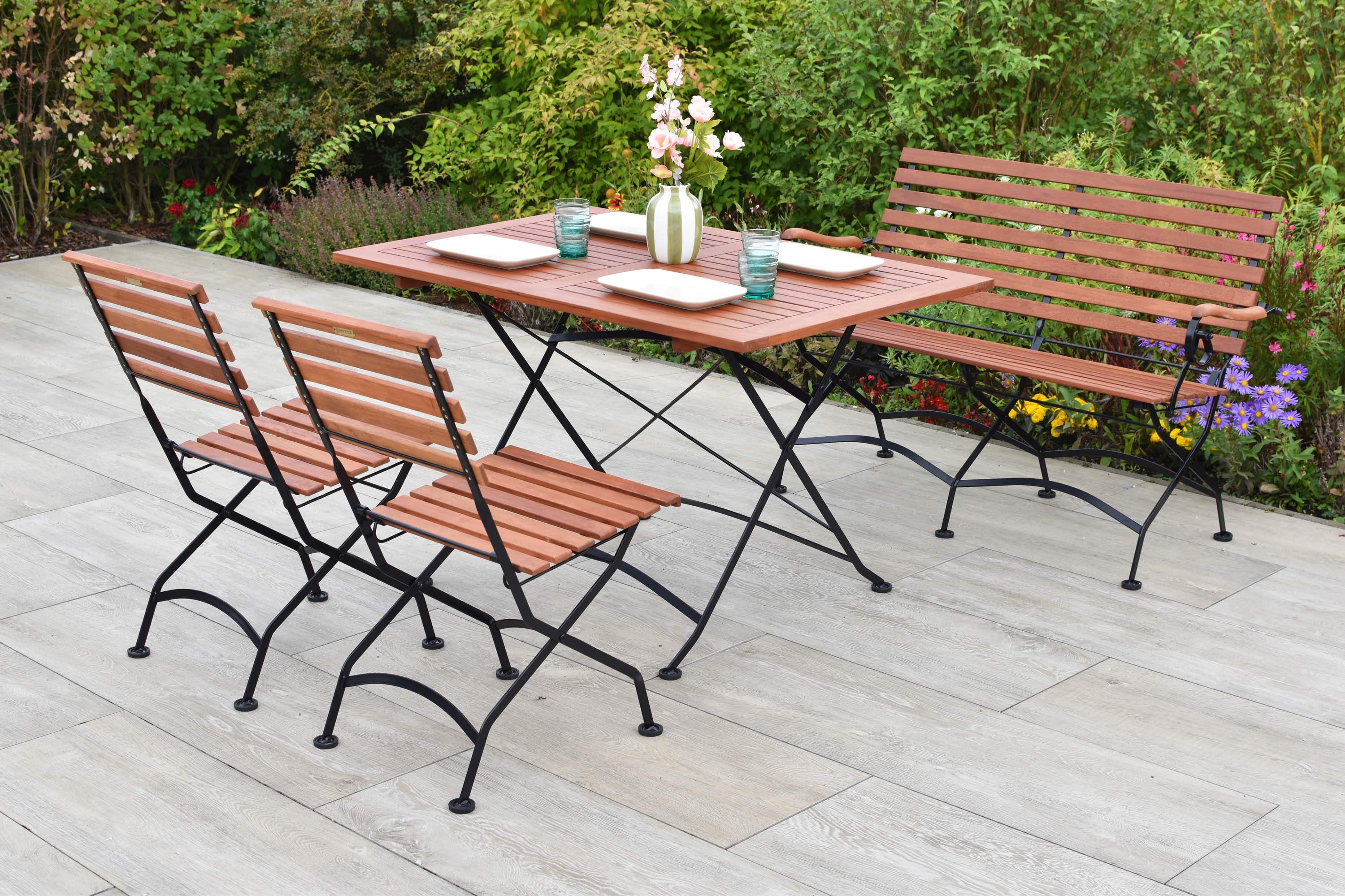 Schlossgarten Gartenmöbel Set 4tlg., Klappstühle, Bank & 120x80 cm