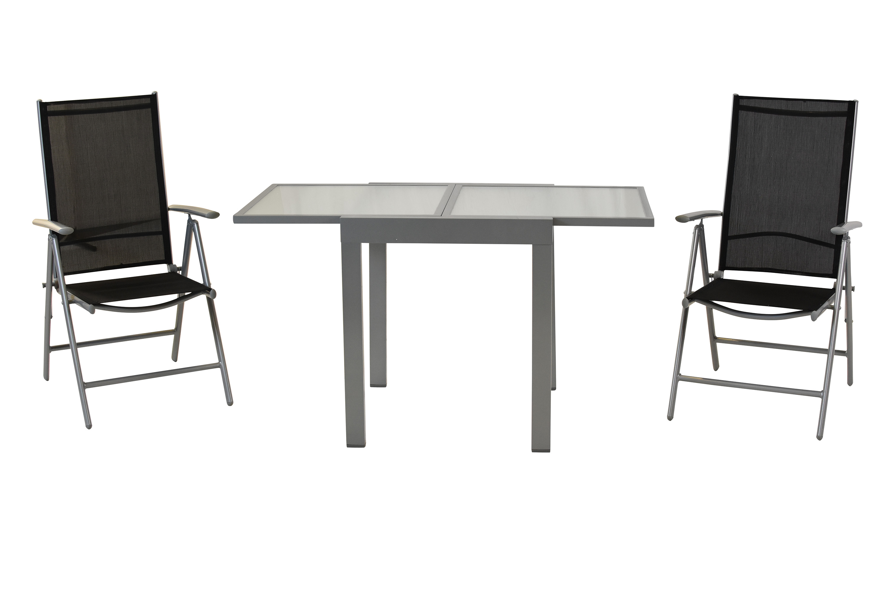 Amalfi Set 3tlg., 2 Klappsessel, Balkonausziehtisch 65 (130) x 65 cm matte Glasplatte, schwarz