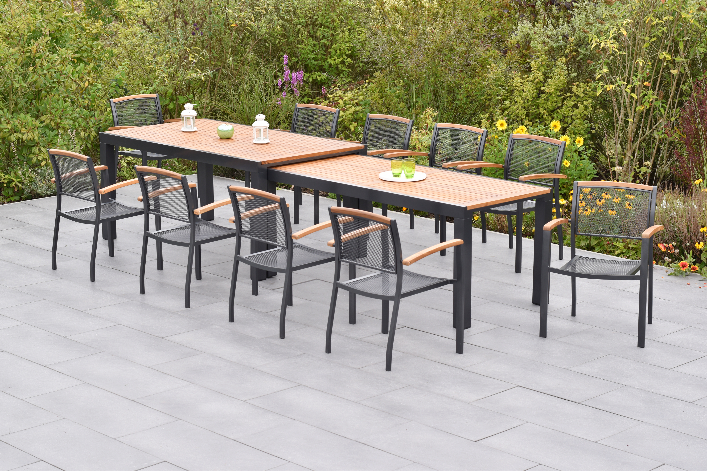 50796-217-1 Tilos Gartenmöbel Set 11tlg., 10 Stapelsessel, Flex Ausziehtisch