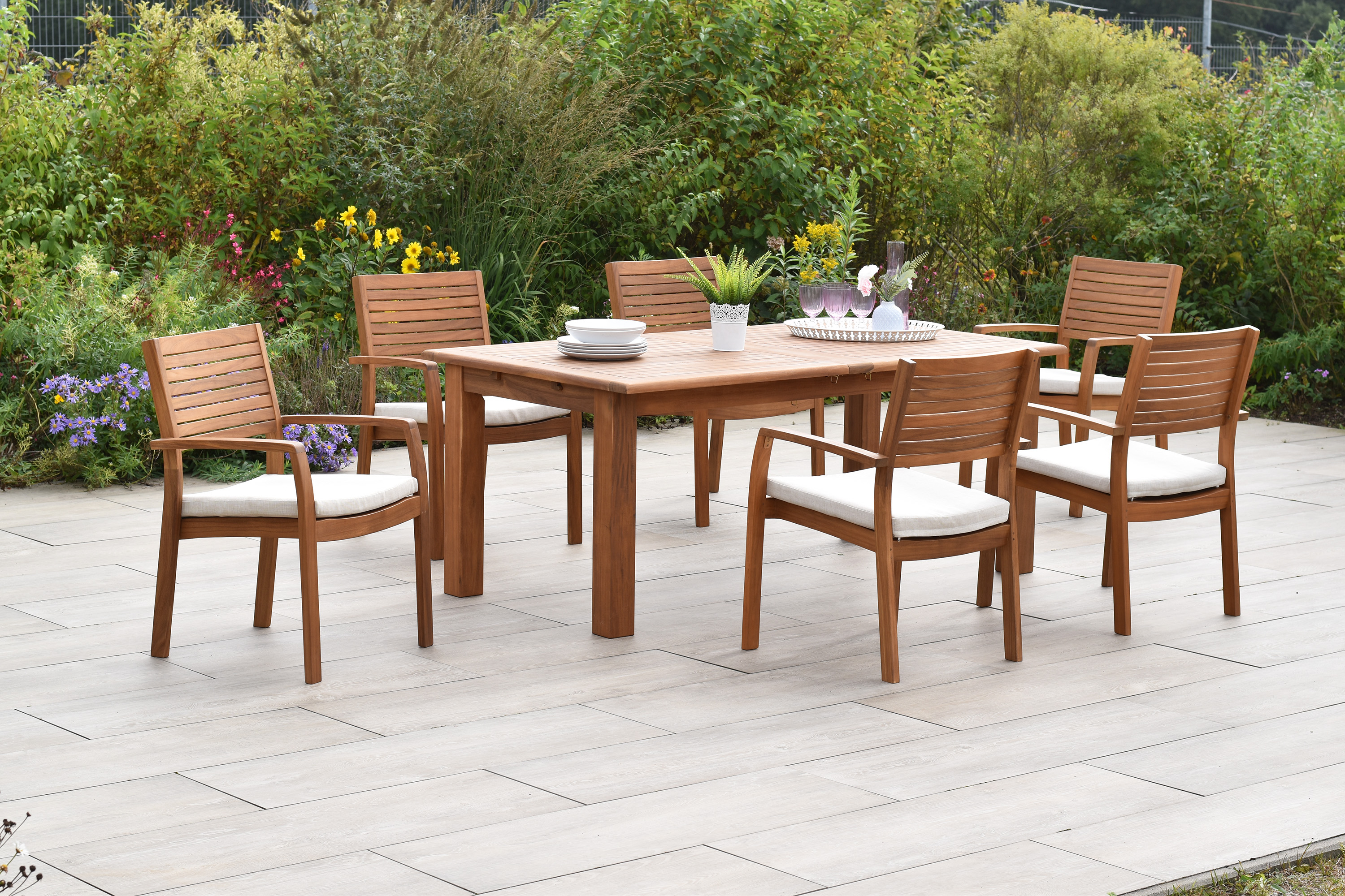 Batavia Gartenmöbel Set 13tlg., 6 Stapelsessel, 6 Auflagen, Doppelausziehtisch 180 (220/260) x 100 cm, Akazie