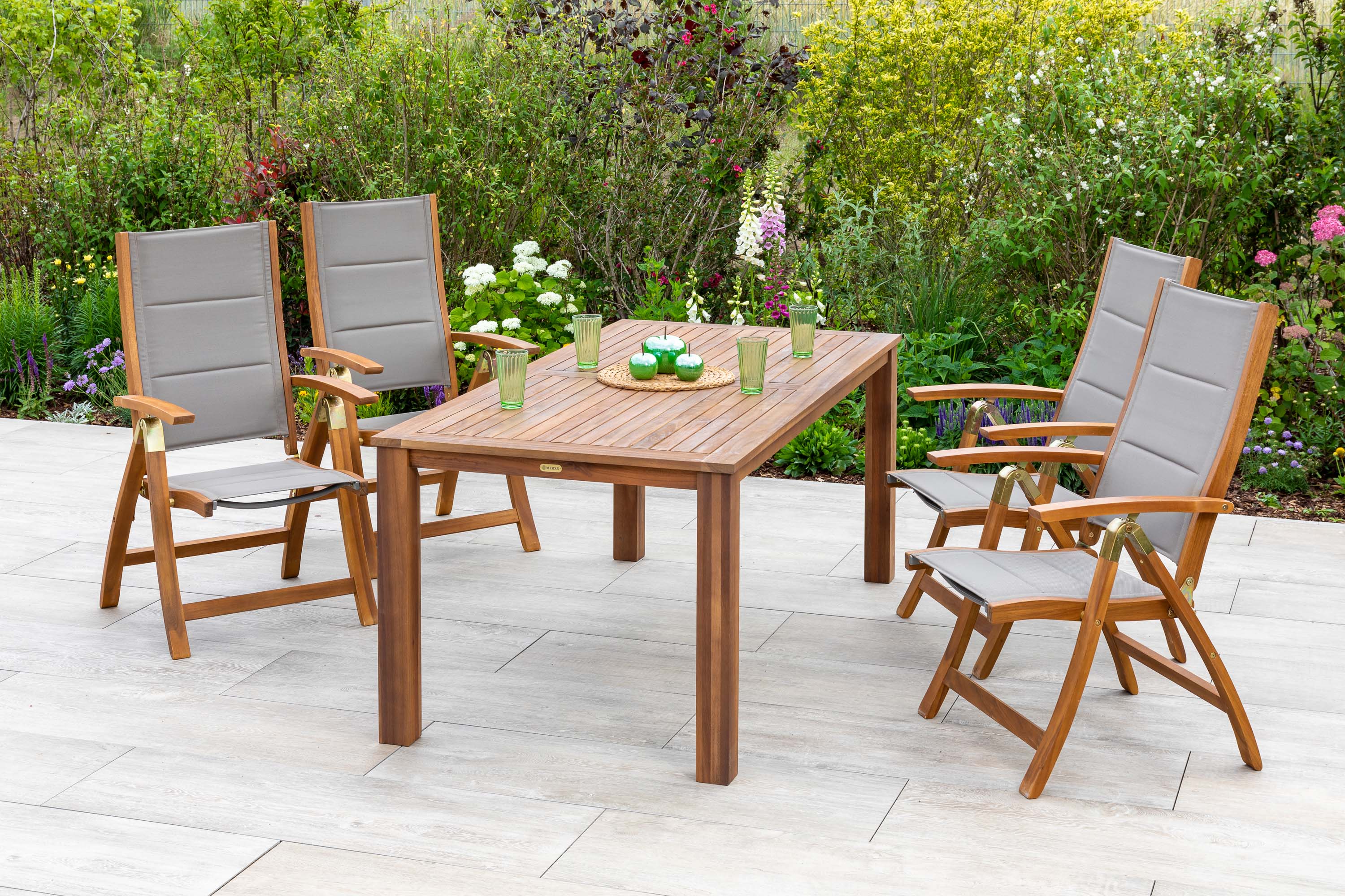 Acapulco Gartenmöbel Set, 4 Klappsessel, Tisch 185 x 90 cm, Akazie/Textil