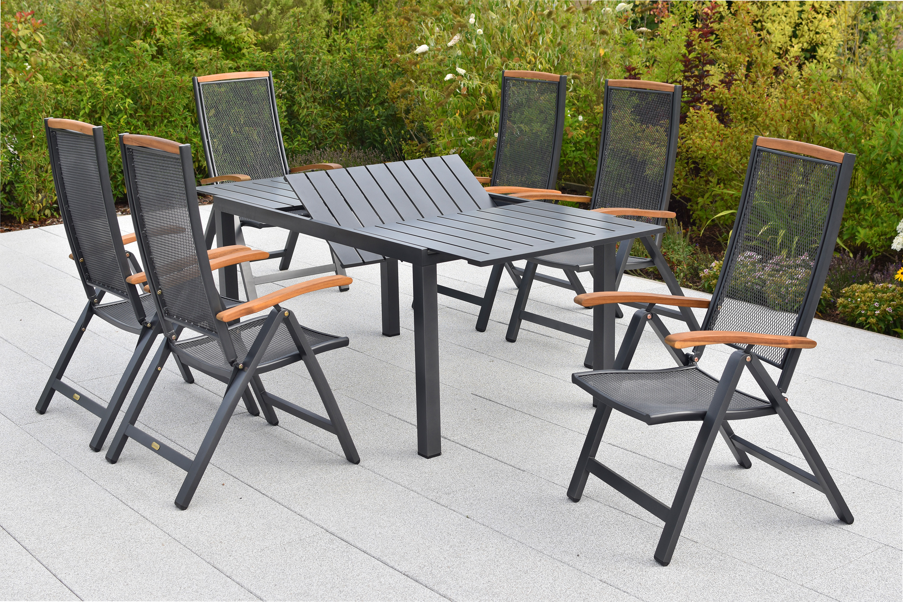 Tilos Gartenmöbel Set 7tlg., 6 Klappsessel, Ausziehtisch 150 (200) x 90 cm, Aluminium/Akazie